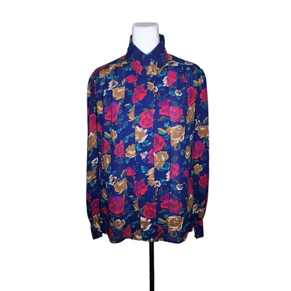 Vintage 80s High Neck Long Sleeve Pleated Floral Blouse Womens Size 12 Blue Mult
